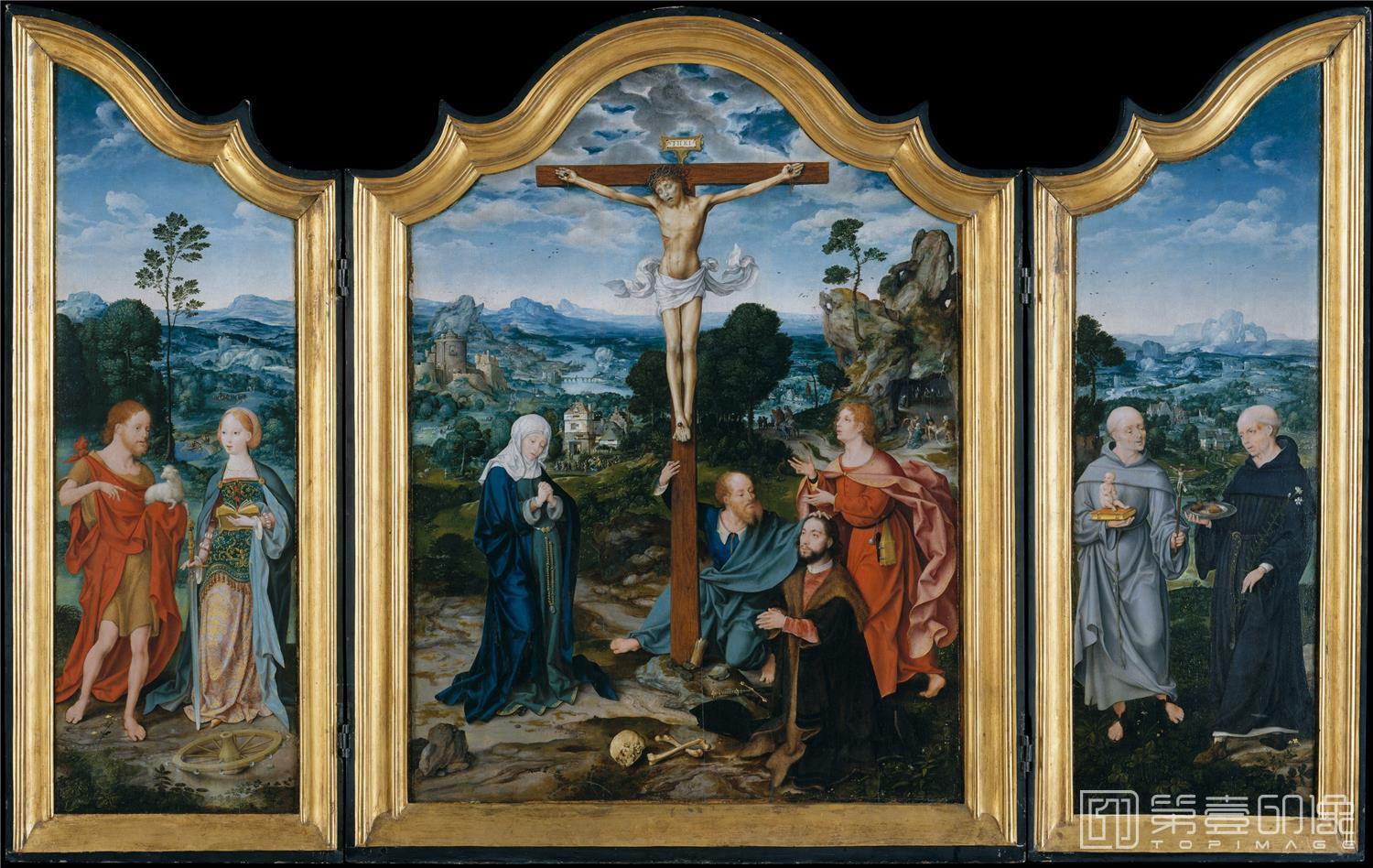 油画-美国纽约大都会美术馆油画藏画-Joos van Cleve and a collaboratorThe Crucifixion with Saints and a Donor-1411